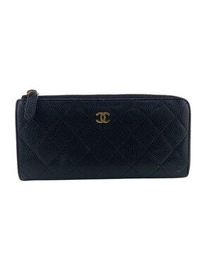 Chanel L-shaped Zipper Quilted Caviar Leather Wallet Black